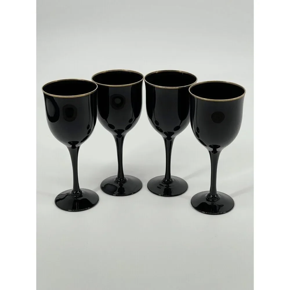 4 Vintage Noritake REMEMBRANCE EBONY Wine Glasses Goblets 7” Black W/ Gold Rim